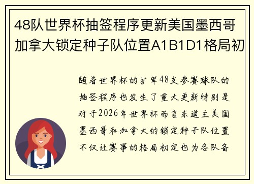 48队世界杯抽签程序更新美国墨西哥加拿大锁定种子队位置A1B1D1格局初定
